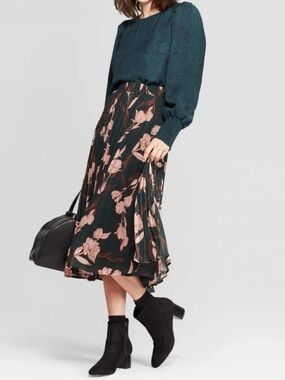 Target A New Day Dark Green Midi Skirt with Blush Floral Print